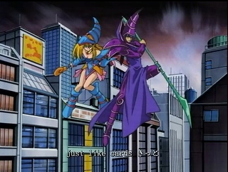Dark Magician Girl and the Dark Magician floating over the city